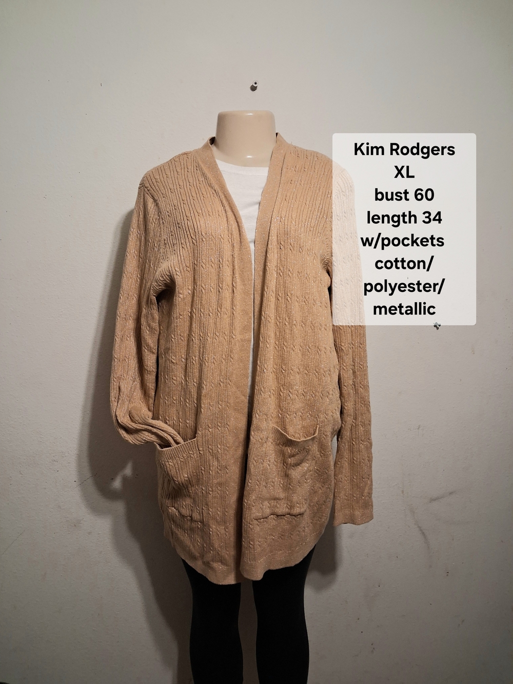 Kim Rogers Tan Open-Front Knit Cardigan with Pockets